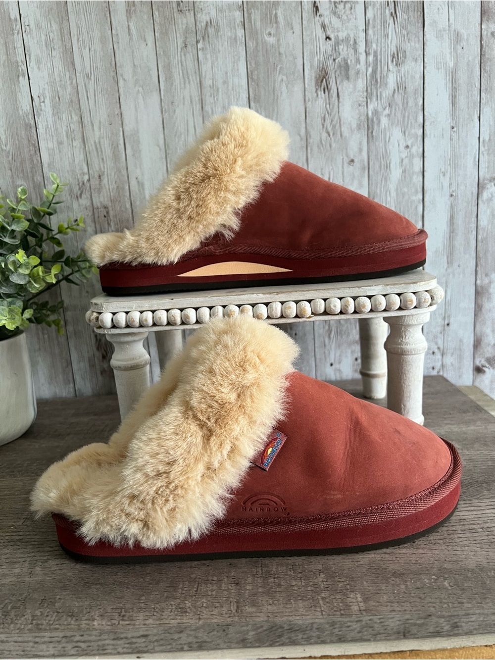 Rainbow Sunset Snugs Premier Leather Fleece Lined Slip-On Slippers Red Cognac  7